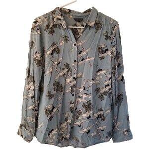Lucky Crane Bird Pattern Blouse Dress Shirt US 8 Women's Button Up Light Blue